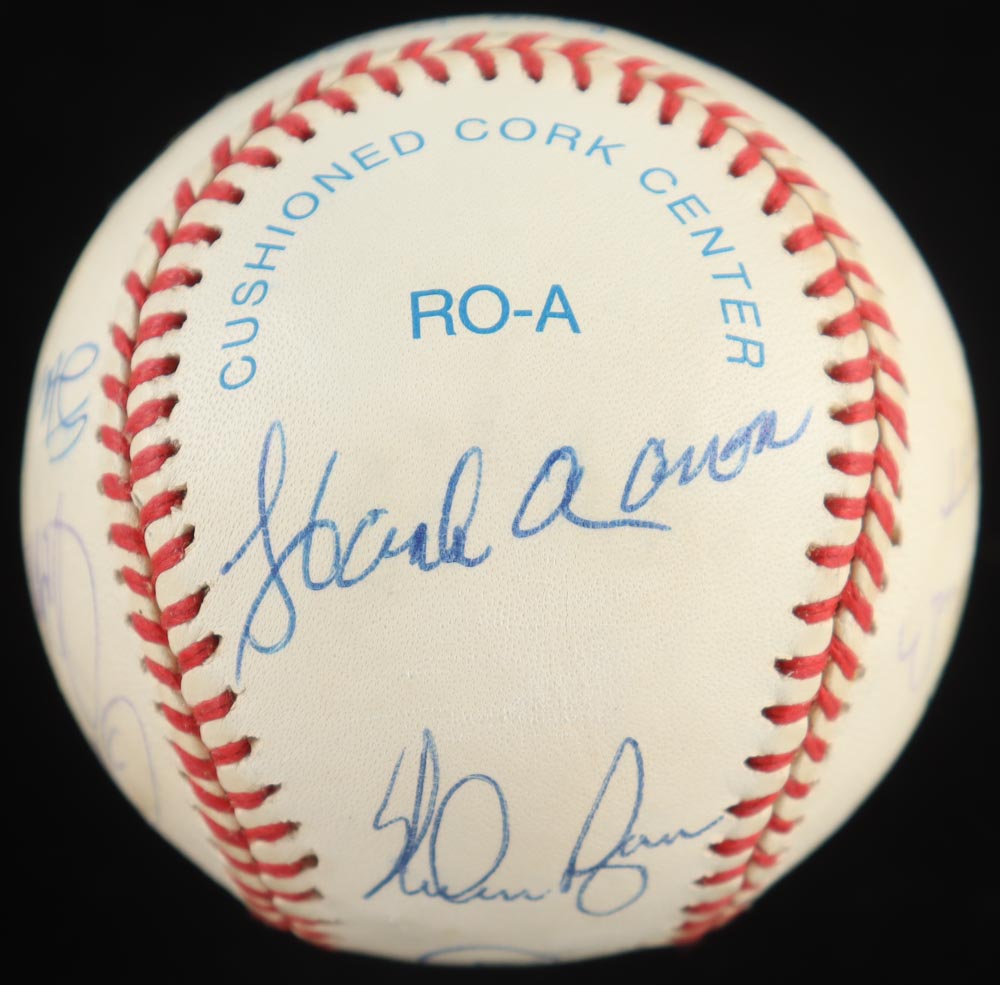 OAL Baseball Signed by (12) with Hank Aaron, Willie Mays, Cal Ripken Jr., Ernie Banks with Display Case (PSA) at PristineAuction.com OAL Baseball Signed by (12) with Hank Aaron, Willie Mays, Cal Ripken Jr., Ernie Banks with Display Case (PSA) at PristineAuction.com