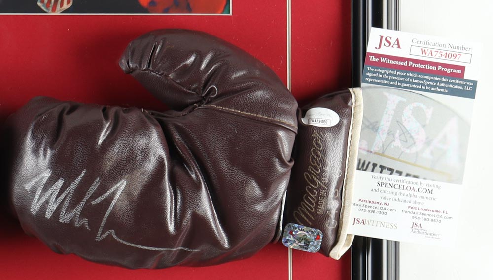 Mike Tyson Signed Custom Framed Everlast Boxing Glove Display with Photo Print (JSA & Tyson) at PristineAuction.com Mike Tyson Signed Custom Framed Everlast Boxing Glove Display with Photo Print (JSA & Tyson) at PristineAuction.com