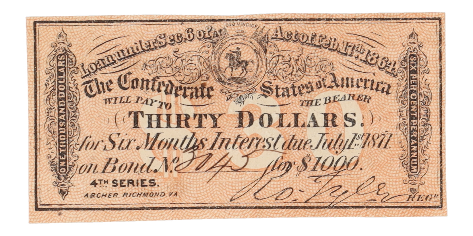 1864 $30 Thirty Dollars Confederate States of America Richmond CSA Bank Note Bond at PristineAuction.com 1864 $30 Thirty Dollars Confederate States of America Richmond CSA Bank Note Bond at PristineAuction.com