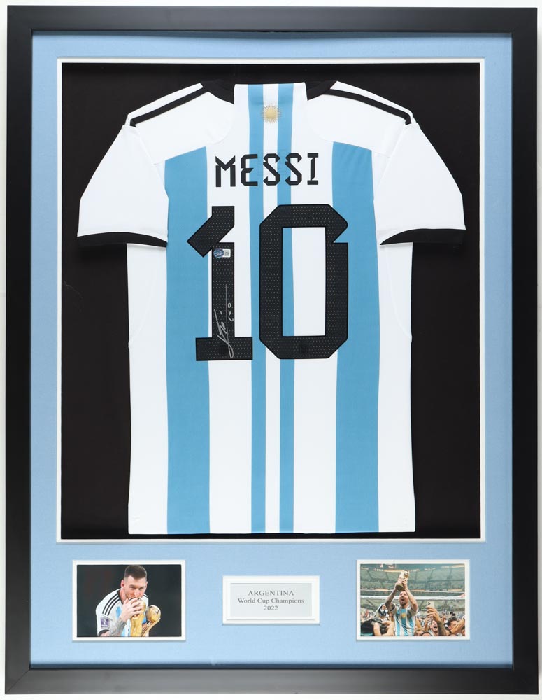 Leo Messi Signed Custom Framed Jersey Display Inscribed "Leo" (Beckett) at PristineAuction.com Leo Messi Signed Custom Framed Jersey Display Inscribed "Leo" (Beckett) at PristineAuction.com