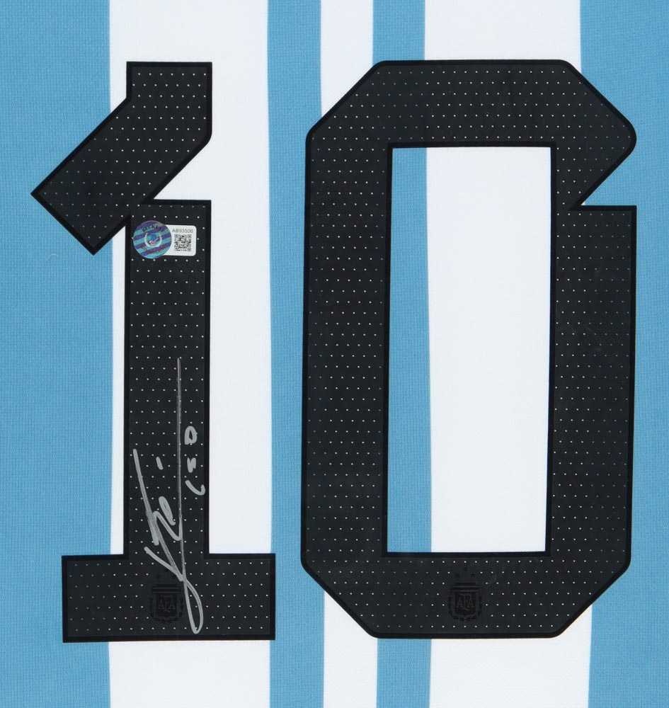 Leo Messi Signed Custom Framed Jersey Display Inscribed "Leo" (Beckett) at PristineAuction.com Leo Messi Signed Custom Framed Jersey Display Inscribed "Leo" (Beckett) at PristineAuction.com