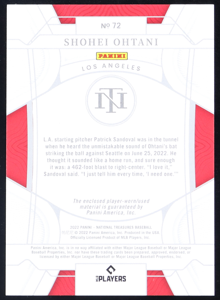 Shohei Ohtani 2022 Panini National Treasures JSY #72 #56/99 at PristineAuction.com Shohei Ohtani 2022 Panini National Treasures JSY #72 #56/99 at PristineAuction.com