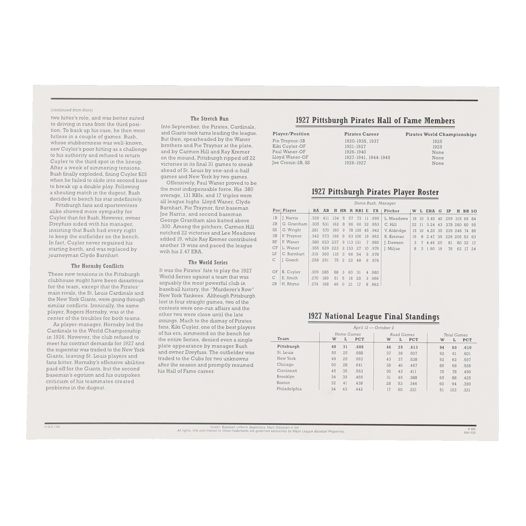 1927 Pirates Cooperstown Collections Statistics Commemorative 9x12 Stat Card With Cloth Uniform Patch at PristineAuction.com 1927 Pirates Cooperstown Collections Statistics Commemorative 9x12 Stat Card With Cloth Uniform Patch at PristineAuction.com