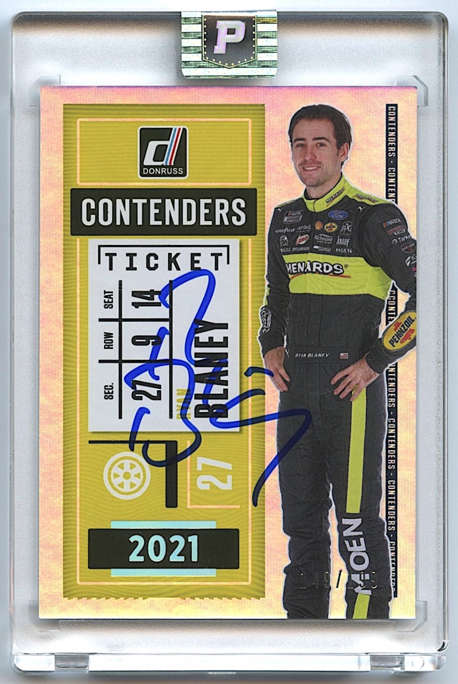 Ryan Blaney Signed 2021 Donruss Contenders #2 Holographic #149/199 (PA Encapsulated) at PristineAuction.com Ryan Blaney Signed 2021 Donruss Contenders #2 Holographic #149/199 (PA Encapsulated) at PristineAuction.com