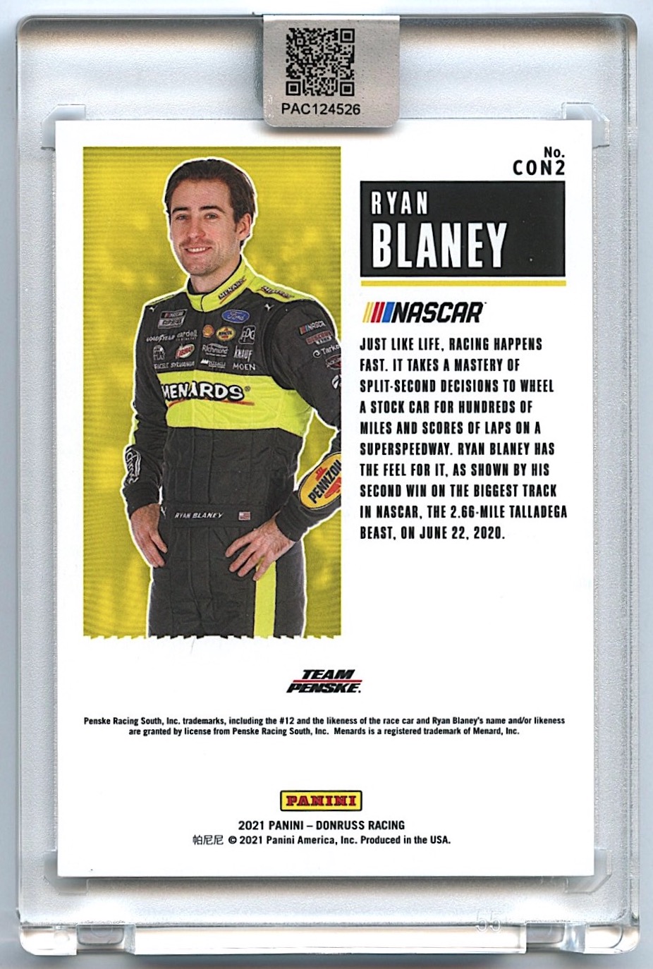 Ryan Blaney Signed 2021 Donruss Contenders #2 Holographic #149/199 (PA Encapsulated) at PristineAuction.com Ryan Blaney Signed 2021 Donruss Contenders #2 Holographic #149/199 (PA Encapsulated) at PristineAuction.com