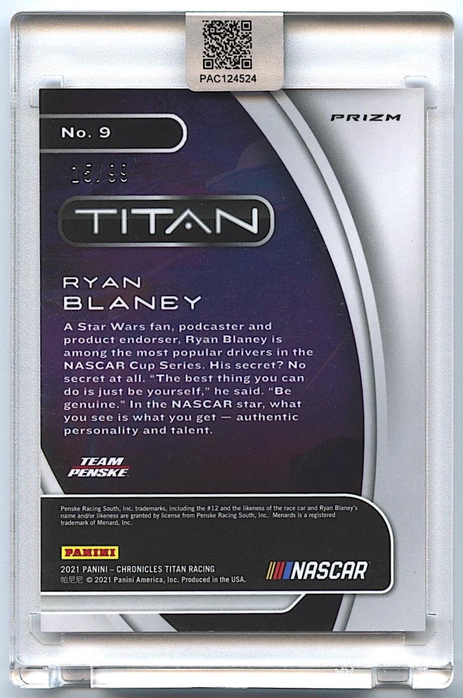 Ryan Blaney Signed 2021 Panini Chronicles Titan #9 Red #15/99 (PA Encapsulated) at PristineAuction.com Ryan Blaney Signed 2021 Panini Chronicles Titan #9 Red #15/99 (PA Encapsulated) at PristineAuction.com
