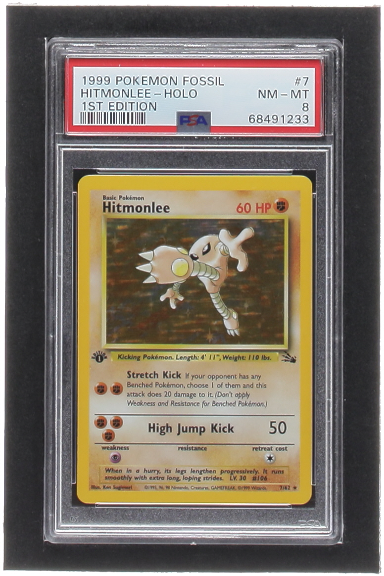 Hitmonlee Pokemon 1999 Fossil 1st Edition #7 Holo (PSA 8) at PristineAuction.com Hitmonlee Pokemon 1999 Fossil 1st Edition #7 Holo (PSA 8) at PristineAuction.com