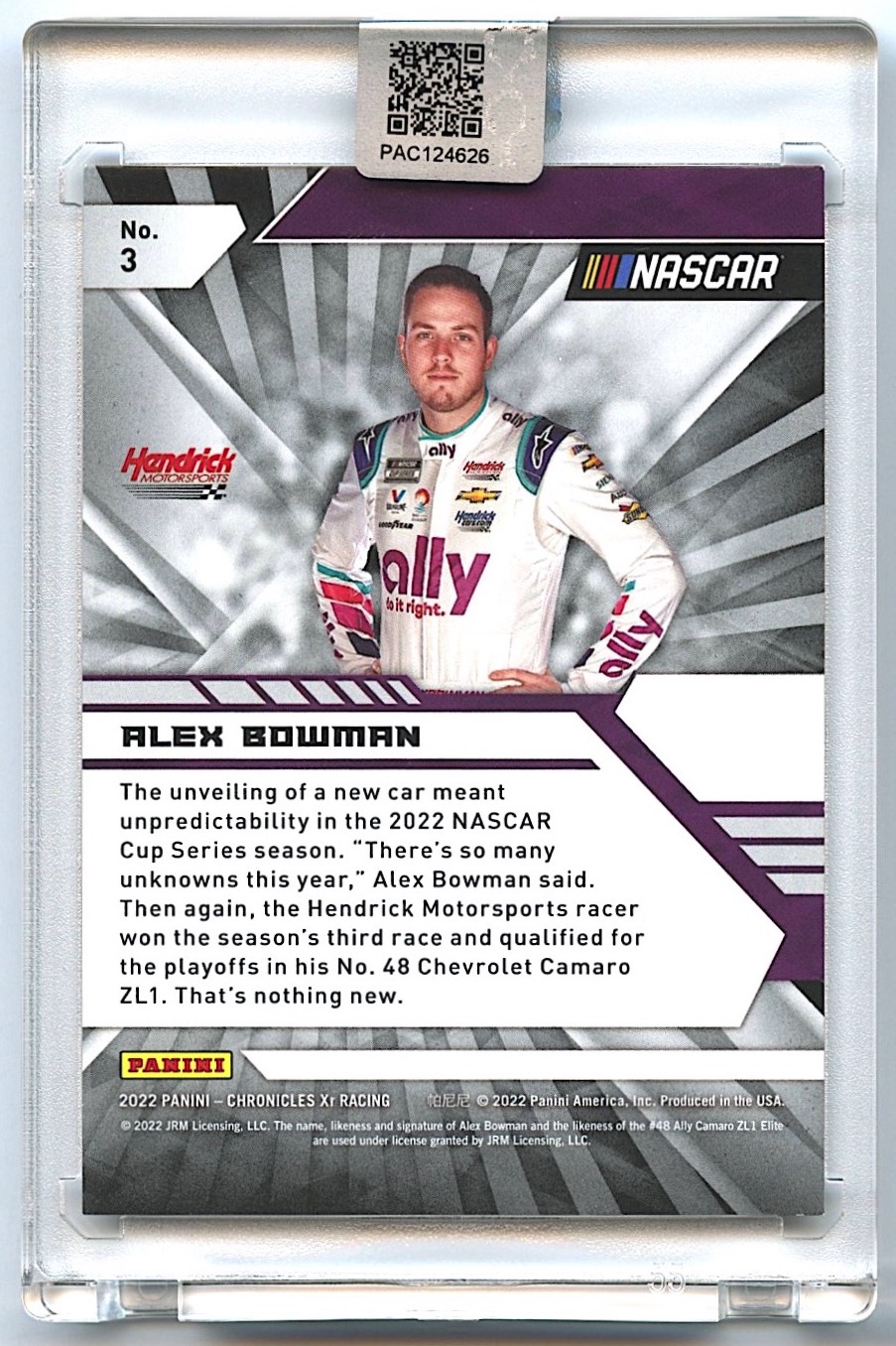 Alex Bowman Signed 2022 Panini Chronicles XR #3 Purple #08/25 (PA Encapsulated) at PristineAuction.com Alex Bowman Signed 2022 Panini Chronicles XR #3 Purple #08/25 (PA Encapsulated) at PristineAuction.com