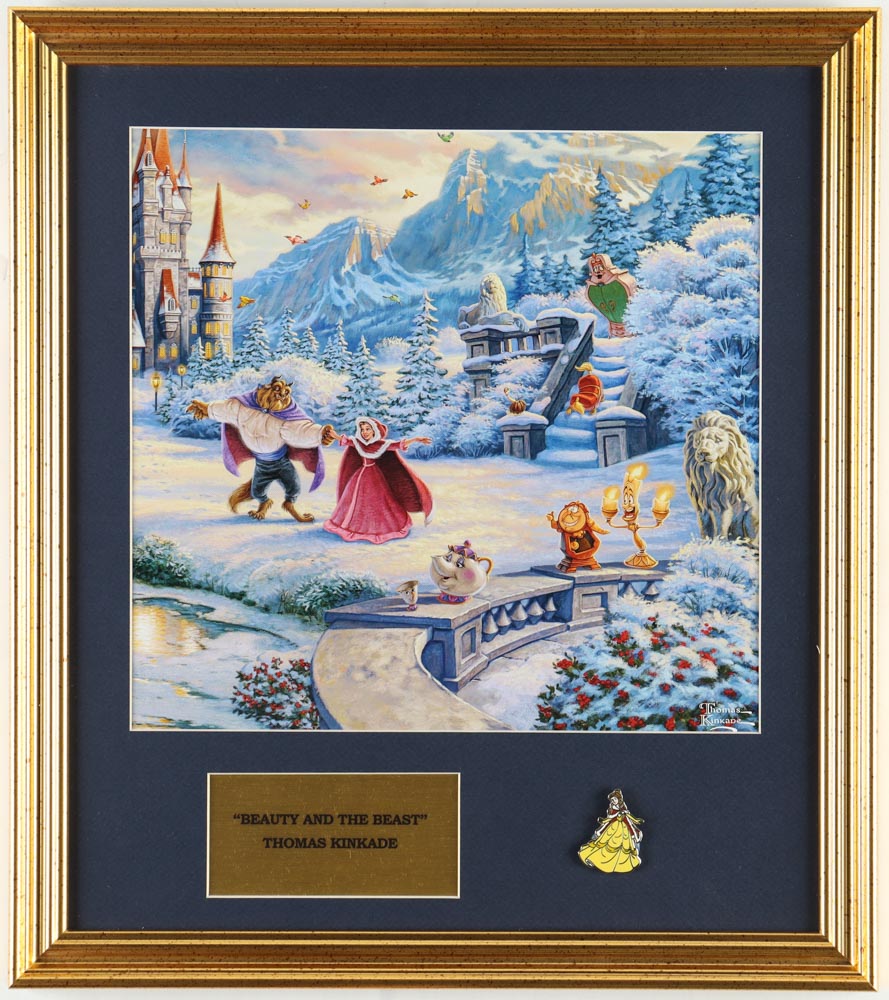 Thomas Kinkade "Beauty and the Beast" Custom Framed Print Display with Beauty and the Beast Pin at PristineAuction.com Thomas Kinkade "Beauty and the Beast" Custom Framed Print Display with Beauty and the Beast Pin at PristineAuction.com
