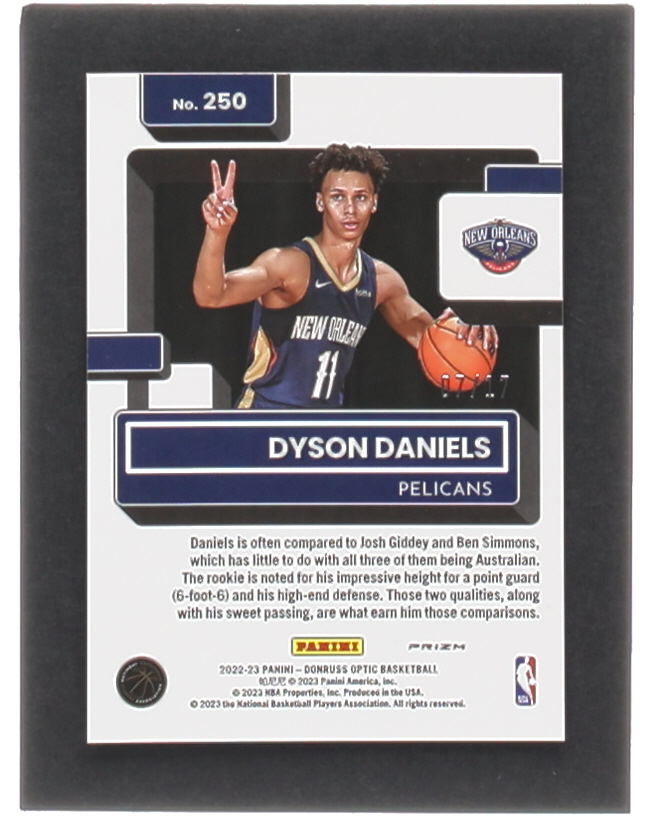 Dyson Daniels 2022-23 Donruss Optic Rated Rookies Signatures Purple #250 RC at PristineAuction.com Dyson Daniels 2022-23 Donruss Optic Rated Rookies Signatures Purple #250 RC at PristineAuction.com