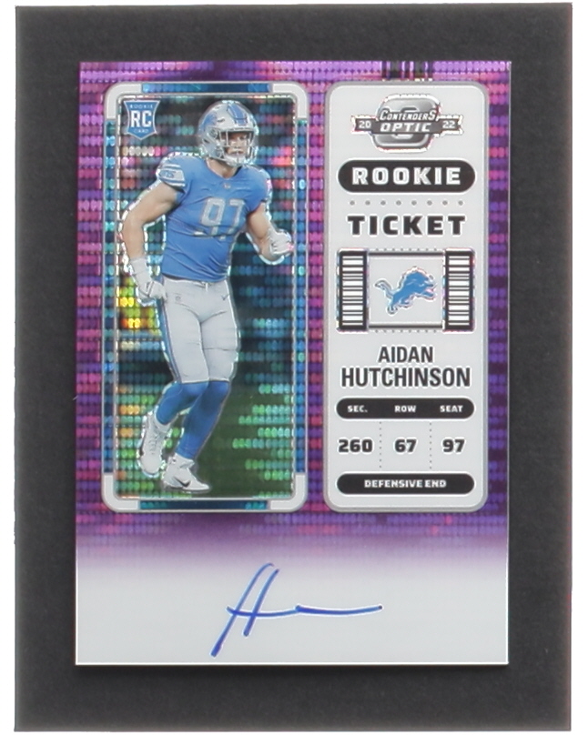 Aidan Hutchinson 2022 Panini Contenders Optic Purple Pulsar #102A Autograph RC #21/21 at PristineAuction.com Aidan Hutchinson 2022 Panini Contenders Optic Purple Pulsar #102A Autograph RC #21/21 at PristineAuction.com