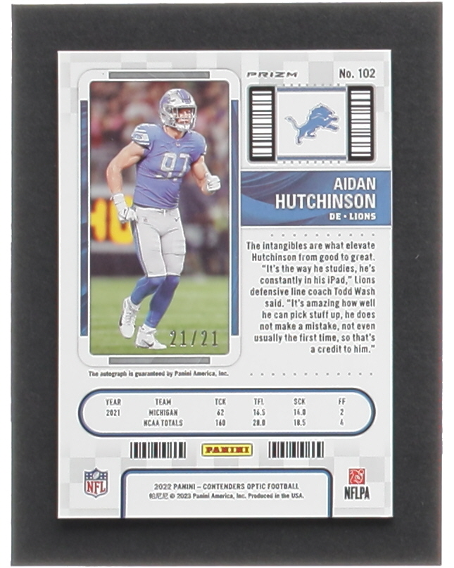 Aidan Hutchinson 2022 Panini Contenders Optic Purple Pulsar #102A Autograph RC #21/21 at PristineAuction.com Aidan Hutchinson 2022 Panini Contenders Optic Purple Pulsar #102A Autograph RC #21/21 at PristineAuction.com