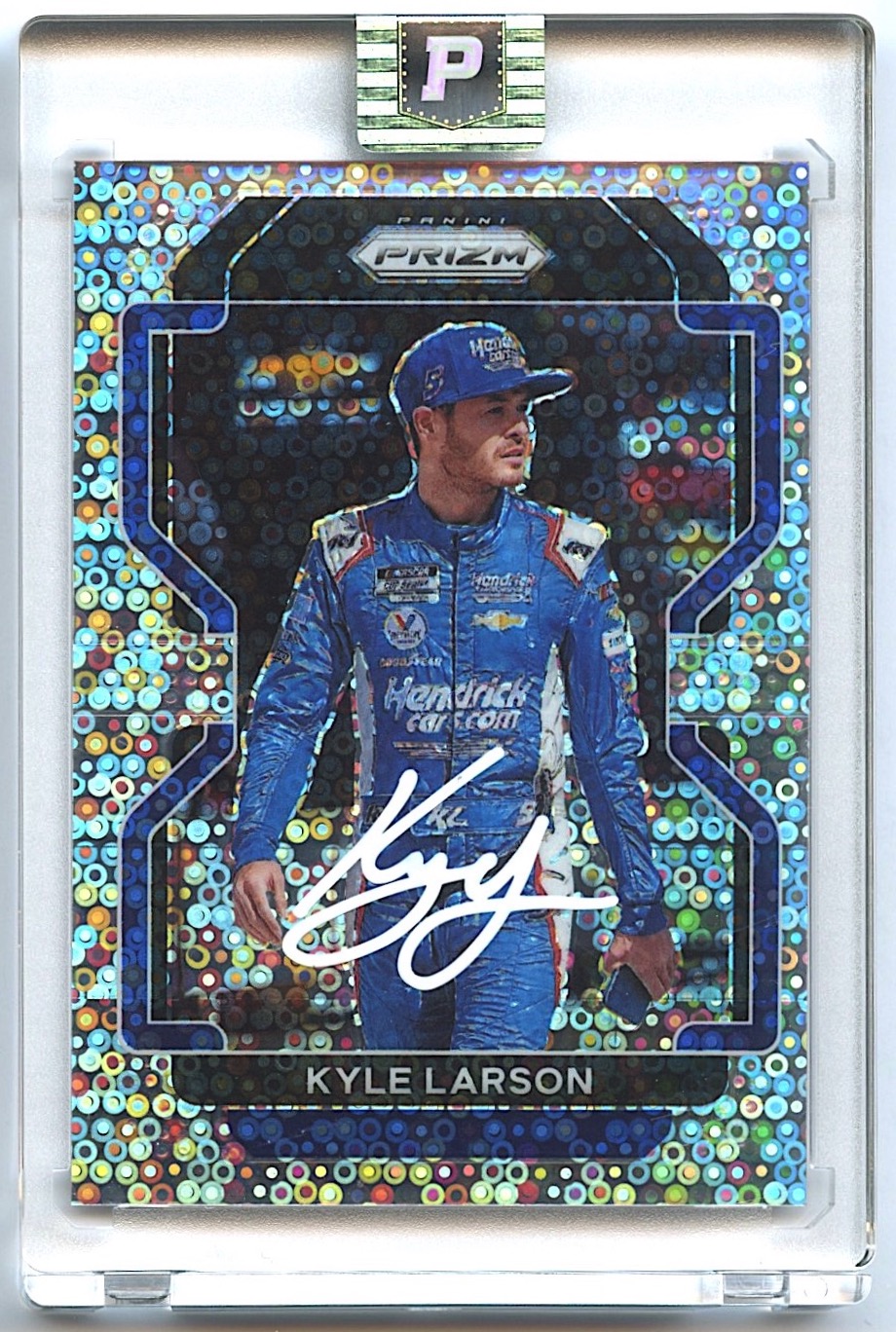 Kyle Larson Signed 2022 Panini Prizm #1 Prizms Disco #63/75 (PA Encapsulated) at PristineAuction.com Kyle Larson Signed 2022 Panini Prizm #1 Prizms Disco #63/75 (PA Encapsulated) at PristineAuction.com