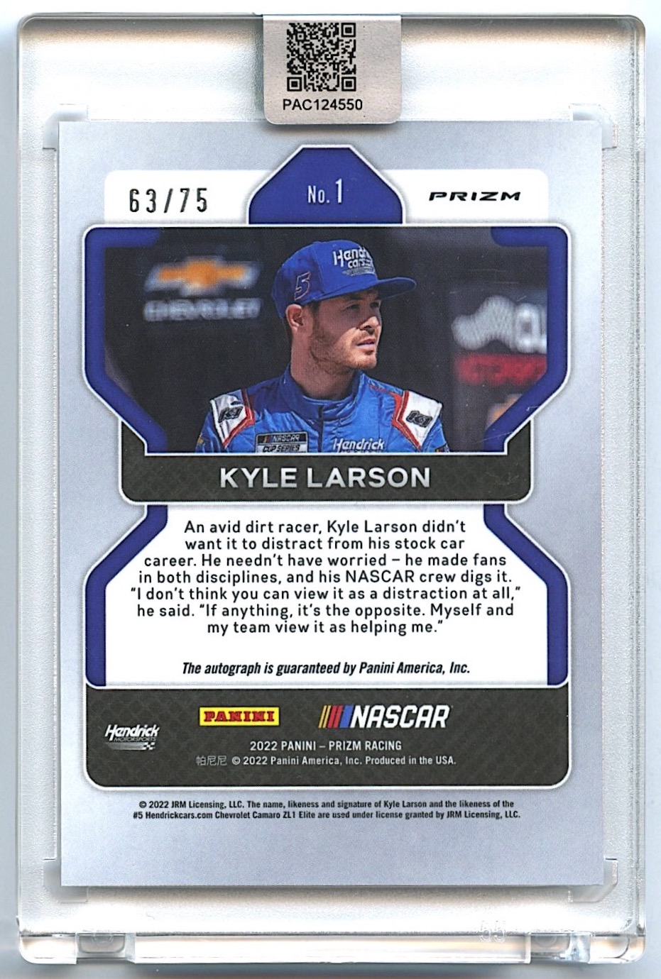 Kyle Larson Signed 2022 Panini Prizm #1 Prizms Disco #63/75 (PA Encapsulated) at PristineAuction.com Kyle Larson Signed 2022 Panini Prizm #1 Prizms Disco #63/75 (PA Encapsulated) at PristineAuction.com
