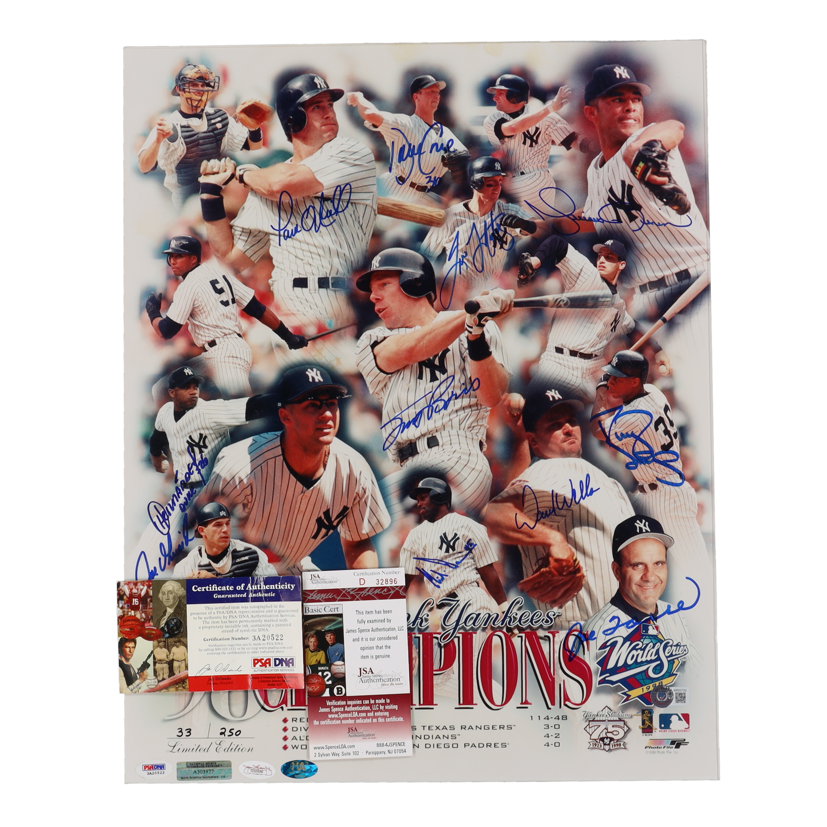 1998 Yankees LE 16x20 Poster Signed By (11) with Mariano Rivera, David Cone, Daryl Strawberry, Joe Torre (Beckett, JSA & PSA) at PristineAuction.com 1998 Yankees LE 16x20 Poster Signed By (11) with Mariano Rivera, David Cone, Daryl Strawberry, Joe Torre (Beckett, JSA & PSA) at PristineAuction.com