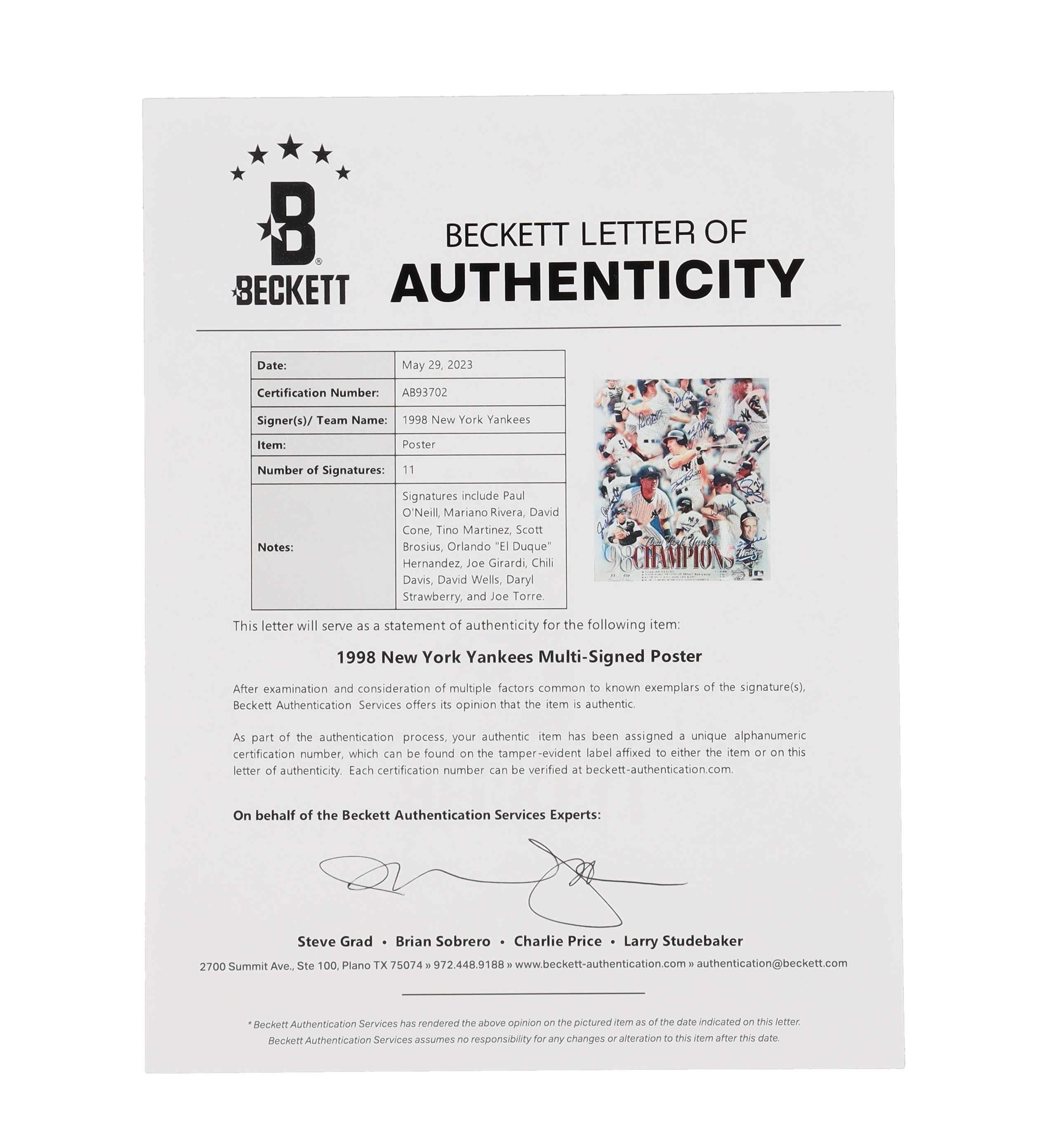 1998 Yankees LE 16x20 Poster Signed By (11) with Mariano Rivera, David Cone, Daryl Strawberry, Joe Torre (Beckett, JSA & PSA) at PristineAuction.com 1998 Yankees LE 16x20 Poster Signed By (11) with Mariano Rivera, David Cone, Daryl Strawberry, Joe Torre (Beckett, JSA & PSA) at PristineAuction.com