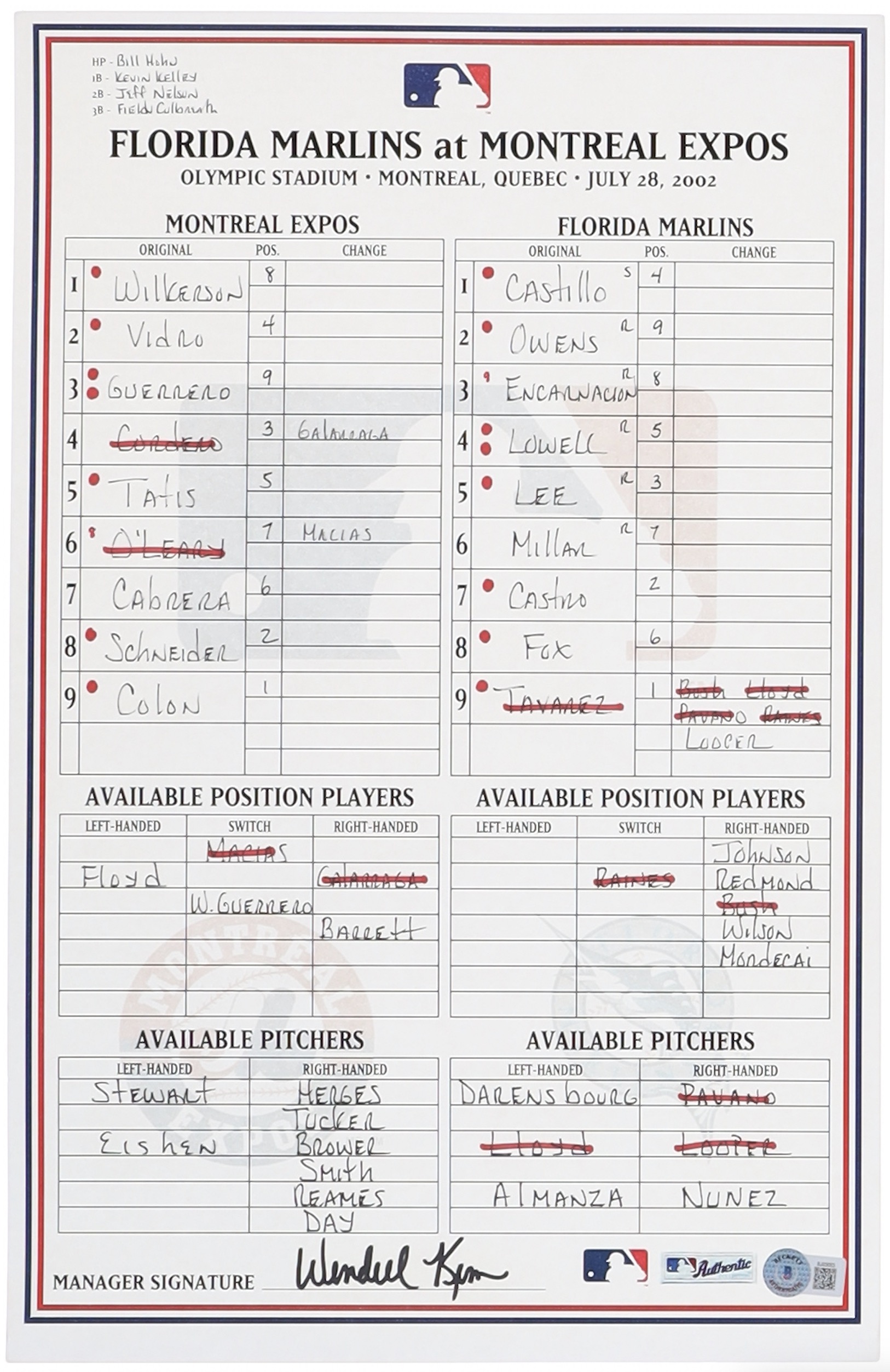 Wendell Kim Signed 2002 Expos at Mets 11x17 Lineup Card (Beckett) at PristineAuction.com Wendell Kim Signed 2002 Expos at Mets 11x17 Lineup Card (Beckett) at PristineAuction.com