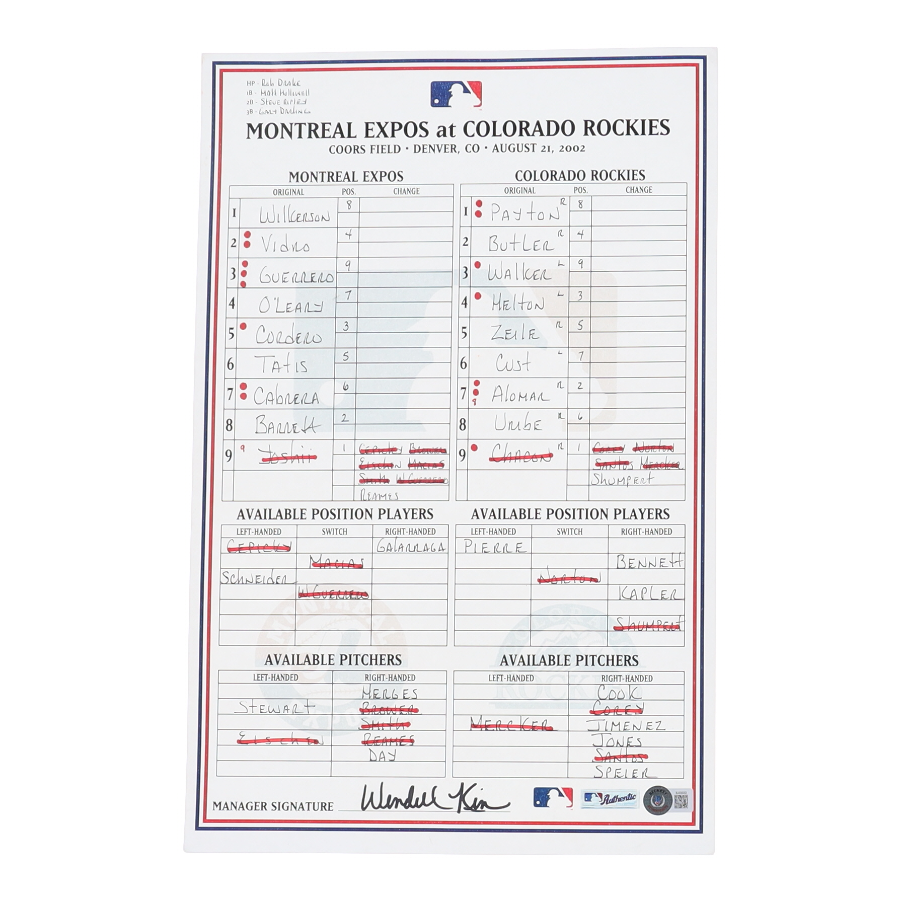 Wendell Kim Signed 2002 Expos at Rockies 11x17 Lineup Card (Beckett) at PristineAuction.com Wendell Kim Signed 2002 Expos at Rockies 11x17 Lineup Card (Beckett) at PristineAuction.com