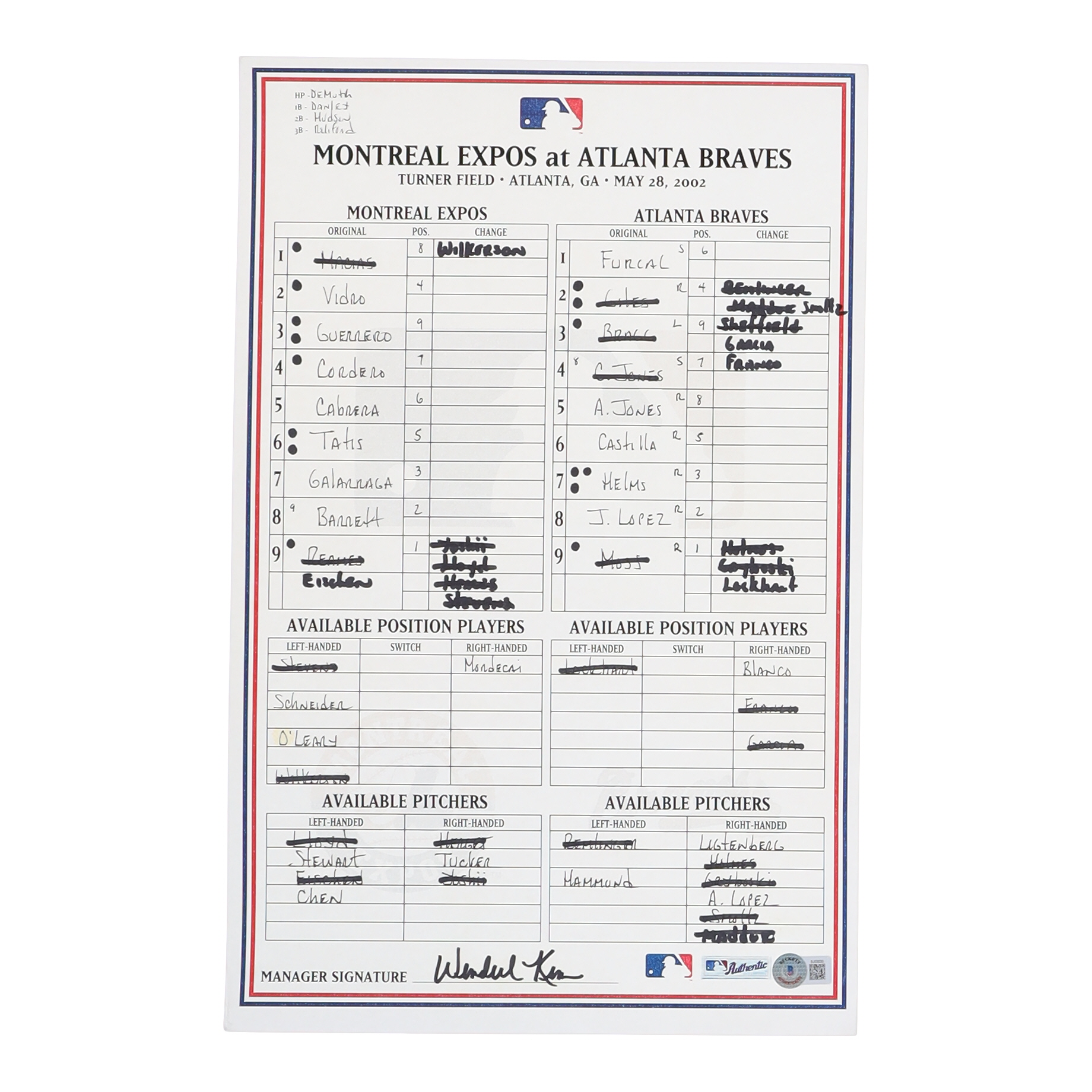 Wendell Kim Signed 2002 Expos at Braves 11x17 Lineup Card (Beckett) at PristineAuction.com Wendell Kim Signed 2002 Expos at Braves 11x17 Lineup Card (Beckett) at PristineAuction.com