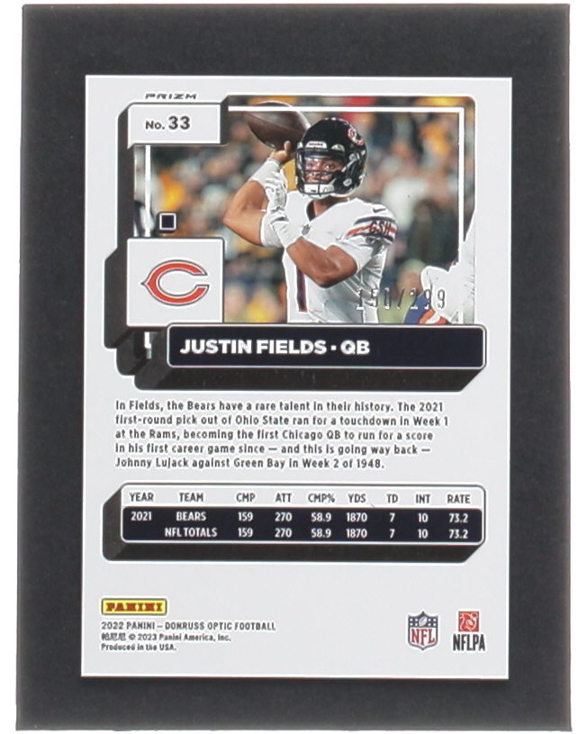 Justin Fields 2022 Donruss Optic Aqua #33 #158/299 at PristineAuction.com Justin Fields 2022 Donruss Optic Aqua #33 #158/299 at PristineAuction.com