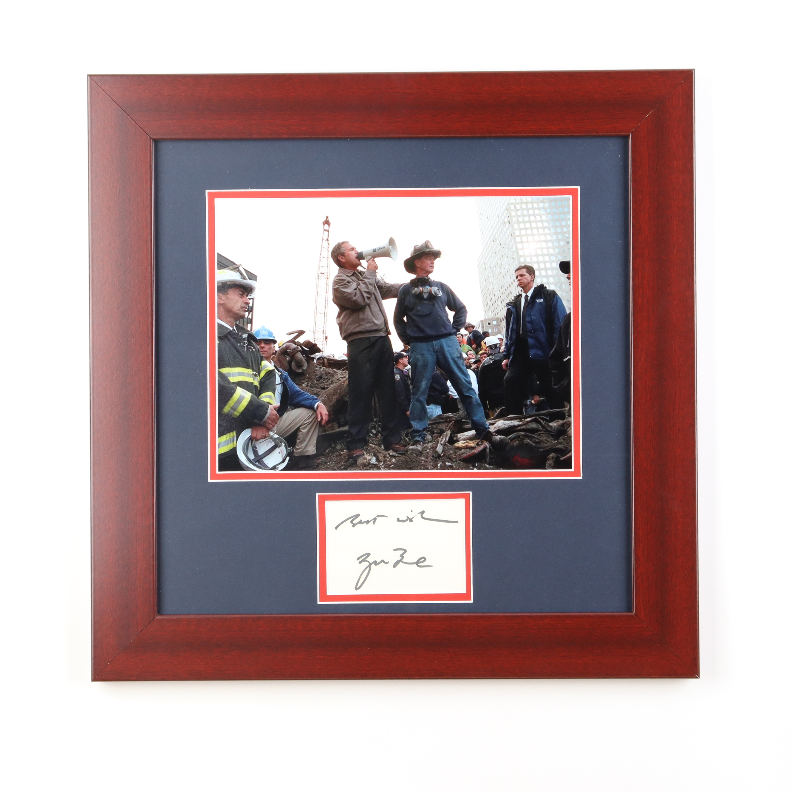George W. Bush Signed Cut Custom Framed 9/11 Ground Zero Speech Display Inscribed "Best Wishes" (Beckett) at PristineAuction.com George W. Bush Signed Cut Custom Framed 9/11 Ground Zero Speech Display Inscribed "Best Wishes" (Beckett) at PristineAuction.com