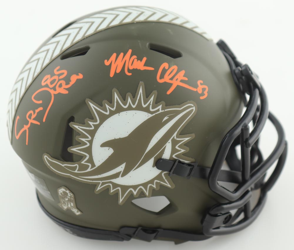 Mark Clayton & Mark "Super" Duper Signed Dolphins Salute to Service Speed Mini Helmet (JSA) at PristineAuction.com Mark Clayton & Mark "Super" Duper Signed Dolphins Salute to Service Speed Mini Helmet (JSA) at PristineAuction.com
