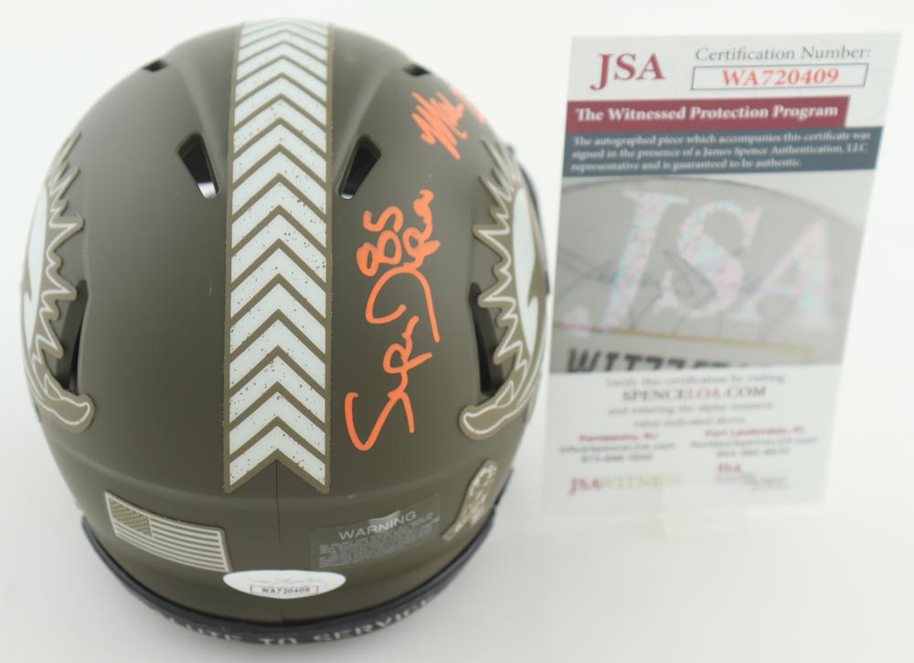 Mark Clayton & Mark "Super" Duper Signed Dolphins Salute to Service Speed Mini Helmet (JSA) at PristineAuction.com Mark Clayton & Mark "Super" Duper Signed Dolphins Salute to Service Speed Mini Helmet (JSA) at PristineAuction.com
