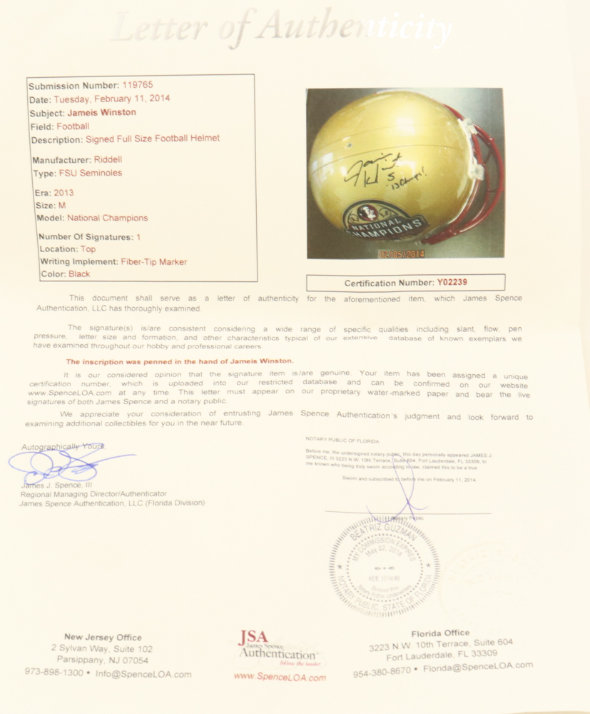 Jameis Winston Signed Florida State Seminoles 2013 National Champions Logo Full-Size Helmet Inscribed "13 Champs!" (JSA) at PristineAuction.com Jameis Winston Signed Florida State Seminoles 2013 National Champions Logo Full-Size Helmet Inscribed "13 Champs!" (JSA) at PristineAuction.com