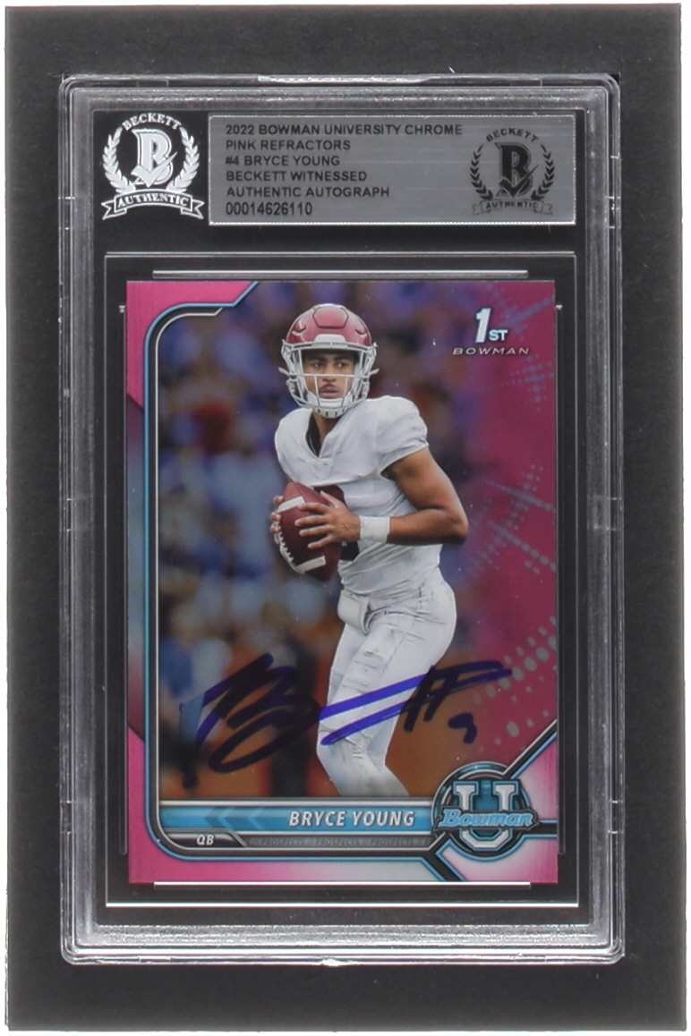 Bryce Young Signed 2022 Bowman University Chrome Pink Refractors #4 (BGS) at PristineAuction.com Bryce Young Signed 2022 Bowman University Chrome Pink Refractors #4 (BGS) at PristineAuction.com