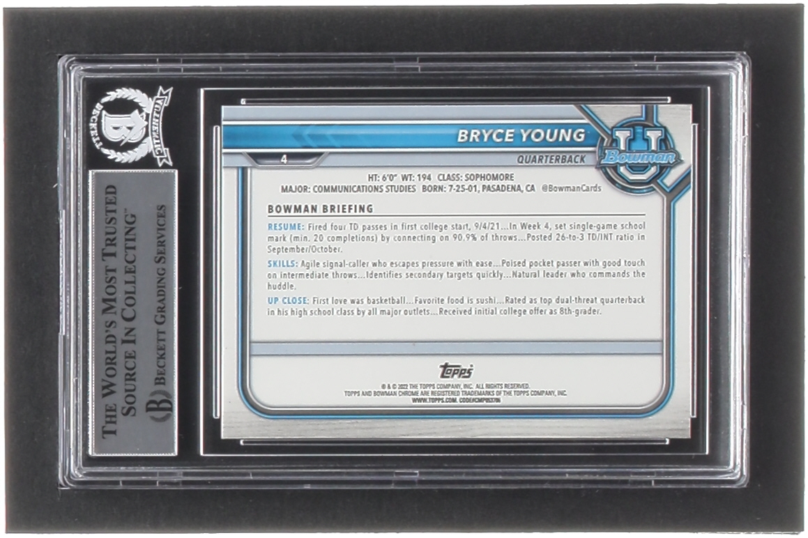 Bryce Young Signed 2022 Bowman University Chrome Pink Refractors #4 (BGS) at PristineAuction.com Bryce Young Signed 2022 Bowman University Chrome Pink Refractors #4 (BGS) at PristineAuction.com