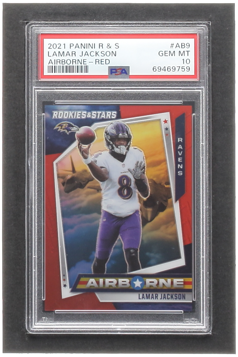 Lamar Jackson 2021 Rookies and Stars Airborne Red #9 #08/99 (PSA 10) at PristineAuction.com Lamar Jackson 2021 Rookies and Stars Airborne Red #9 #08/99 (PSA 10) at PristineAuction.com