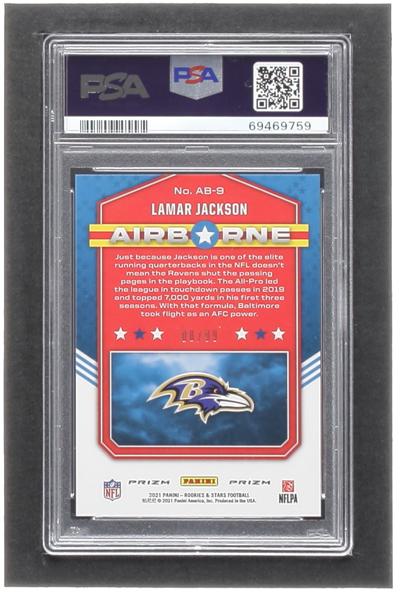 Lamar Jackson 2021 Rookies and Stars Airborne Red #9 #08/99 (PSA 10) at PristineAuction.com Lamar Jackson 2021 Rookies and Stars Airborne Red #9 #08/99 (PSA 10) at PristineAuction.com