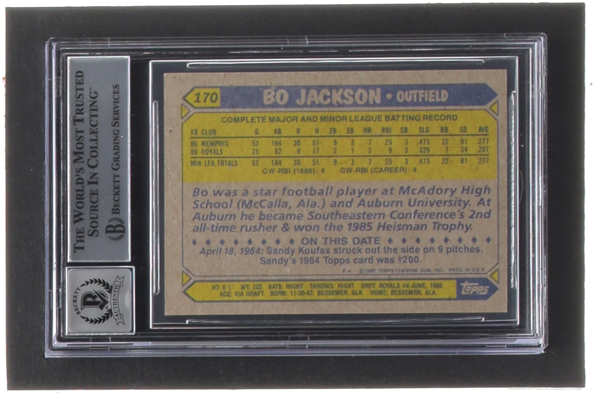Bo Jackson Signed 1987 Topps #170 RC (BGS | Autograph Graded 10) at PristineAuction.com Bo Jackson Signed 1987 Topps #170 RC (BGS | Autograph Graded 10) at PristineAuction.com