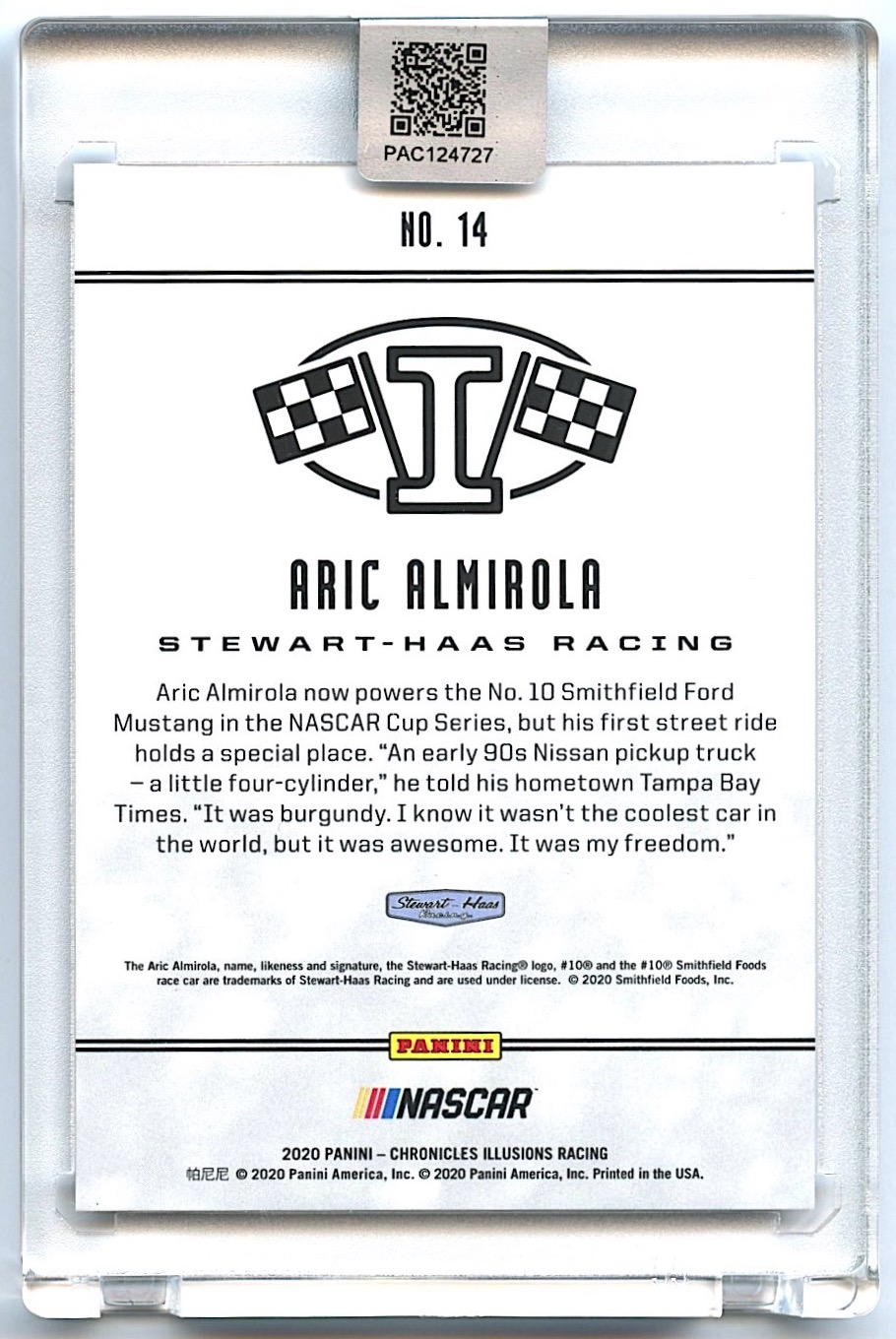 Aric Almirola Signed 2020 Panini Illusions #14 Blue #021/199 (PA Encapsulated) at PristineAuction.com Aric Almirola Signed 2020 Panini Illusions #14 Blue #021/199 (PA Encapsulated) at PristineAuction.com
