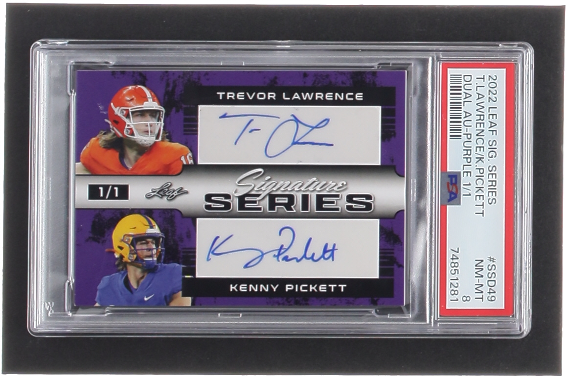 Trevor Lawrence / Kenny Pickett 2022 Leaf Signature Series Dual Autographs Purple #SSD49 #1/1 (PSA 8) at PristineAuction.com Trevor Lawrence / Kenny Pickett 2022 Leaf Signature Series Dual Autographs Purple #SSD49 #1/1 (PSA 8) at PristineAuction.com