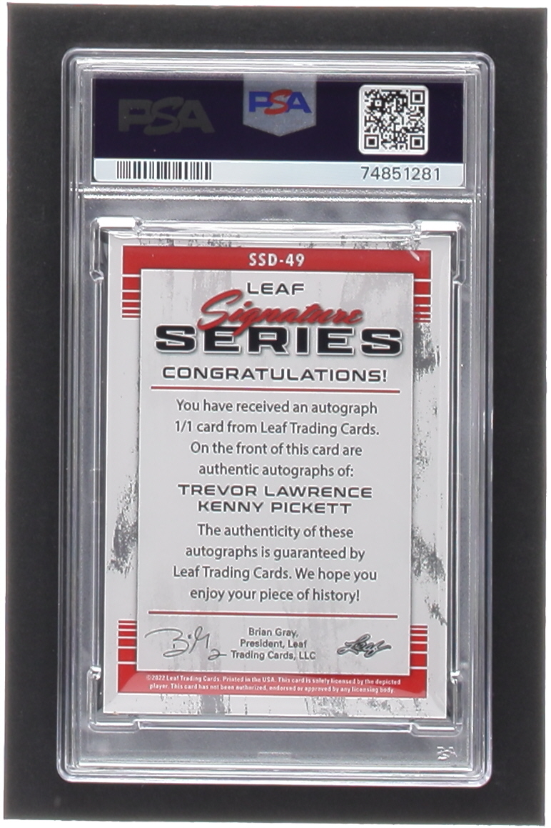 Trevor Lawrence / Kenny Pickett 2022 Leaf Signature Series Dual Autographs Purple #SSD49 #1/1 (PSA 8) at PristineAuction.com Trevor Lawrence / Kenny Pickett 2022 Leaf Signature Series Dual Autographs Purple #SSD49 #1/1 (PSA 8) at PristineAuction.com