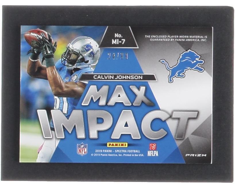 Calvin Johnson 2019 Panini Spectra Max Impact Materials Neon Blue #7 #24/99 at PristineAuction.com Calvin Johnson 2019 Panini Spectra Max Impact Materials Neon Blue #7 #24/99 at PristineAuction.com