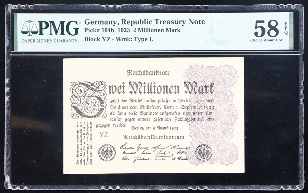 1923 Germany 2 Millionen Mark Republic Treasury Note (PMG Choice AU 58EPQ) at PristineAuction.com 1923 Germany 2 Millionen Mark Republic Treasury Note (PMG Choice AU 58EPQ) at PristineAuction.com