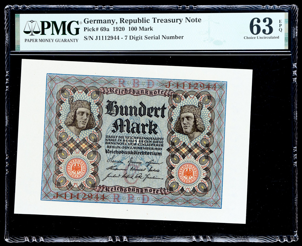 1920 Germany 100 Mark Republic Treasury Note (PMG Choice Unc 63EPQ) at PristineAuction.com 1920 Germany 100 Mark Republic Treasury Note (PMG Choice Unc 63EPQ) at PristineAuction.com