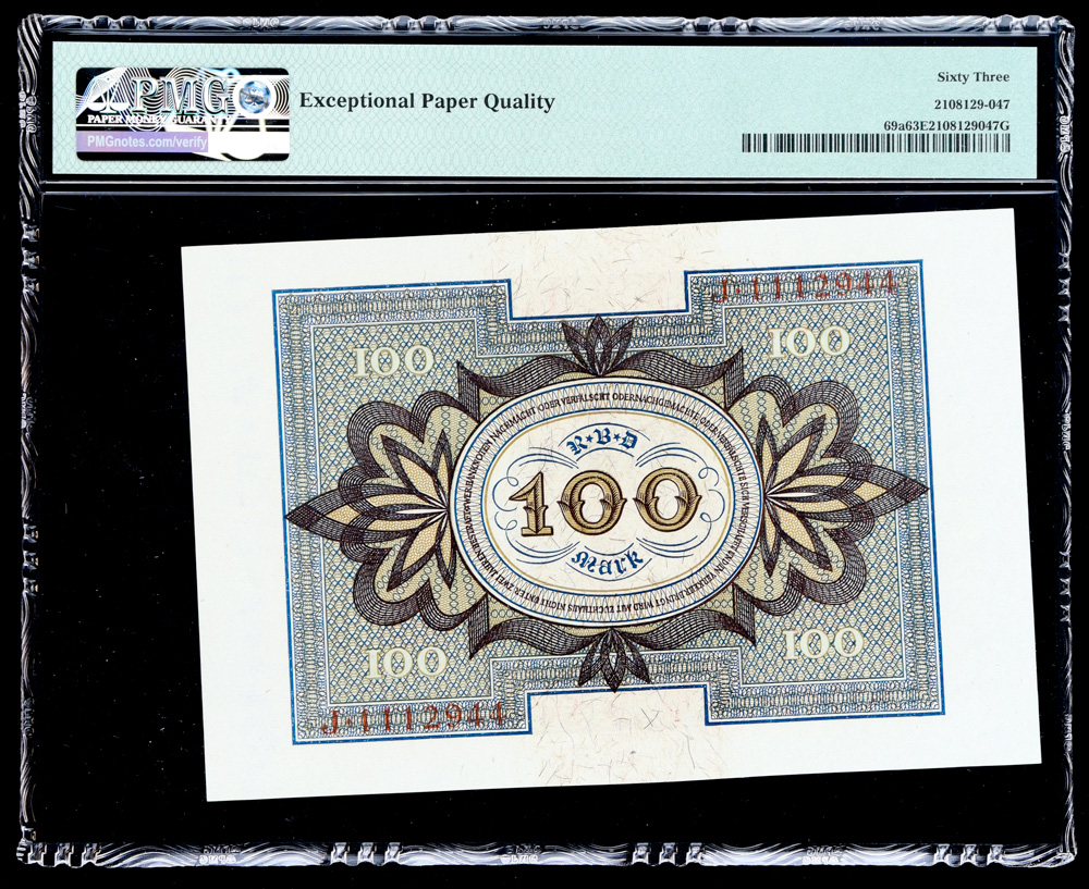 1920 Germany 100 Mark Republic Treasury Note (PMG Choice Unc 63EPQ) at PristineAuction.com 1920 Germany 100 Mark Republic Treasury Note (PMG Choice Unc 63EPQ) at PristineAuction.com