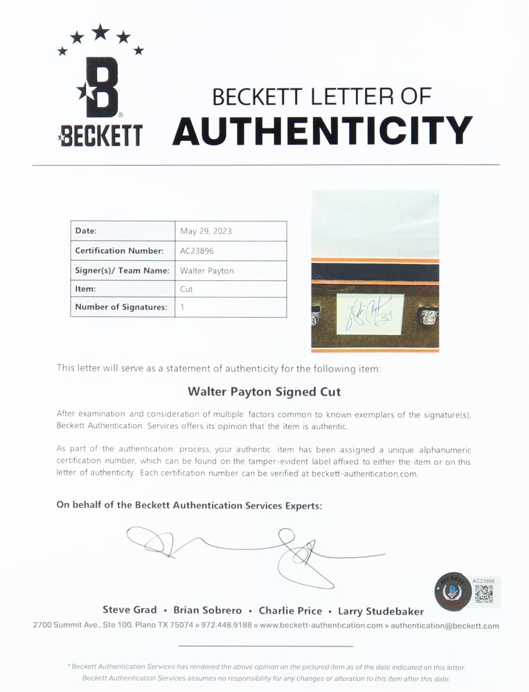 Walter Payton Signed Custom Framed Cut Display with (2) Replica Super Bowl Rings (Beckett) at PristineAuction.com Walter Payton Signed Custom Framed Cut Display with (2) Replica Super Bowl Rings (Beckett) at PristineAuction.com