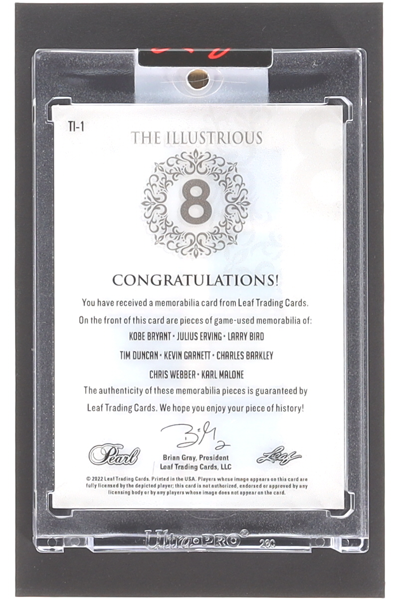Kobe Bryant / Julius Erving / Larry Bird / Tim Duncan / Kevin Garnett / Charles Barkley / Chris Webber / Karl Malone 2022 Leaf Pearl The Illustrious 8 Memorabilia Green Cracked Ice #TI1 #4/8 at PristineAuction.com Kobe Bryant / Julius Erving / Larry Bird / Tim Duncan / Kevin Garnett / Charles Barkley / Chris Webber / Karl Malone 2022 Leaf Pearl The Illustrious 8 Memorabilia Green Cracked Ice #TI1 #4/8 at PristineAuction.com