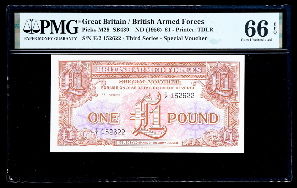 1956 Great Britain £1 Pound British Armed Forces Special Voucher (PMG Gem Unc 66EPQ) at PristineAuction.com 1956 Great Britain £1 Pound British Armed Forces Special Voucher (PMG Gem Unc 66EPQ) at PristineAuction.com