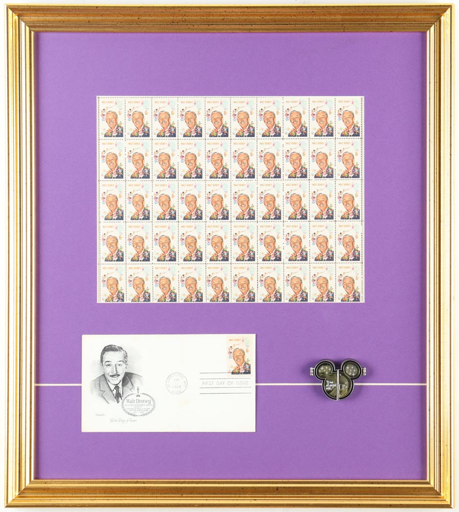 Walt Disney 1968 Full Uncut U.S. Stamp Sheet Custom Framed Display with First Day Issue Cover Envelope & Disney Door Pin at PristineAuction.com Walt Disney 1968 Full Uncut U.S. Stamp Sheet Custom Framed Display with First Day Issue Cover Envelope & Disney Door Pin at PristineAuction.com