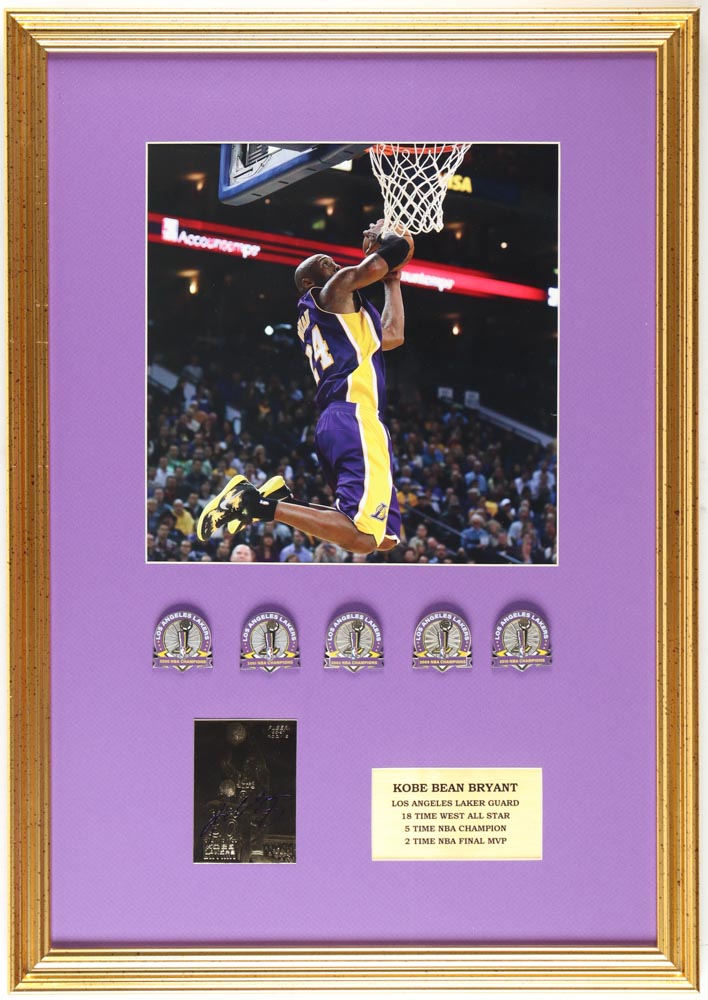 Kobe Bryant Custom Framed Matted Photo Display with 23Kt Gold Card & (5) Championship Pins at PristineAuction.com Kobe Bryant Custom Framed Matted Photo Display with 23Kt Gold Card & (5) Championship Pins at PristineAuction.com