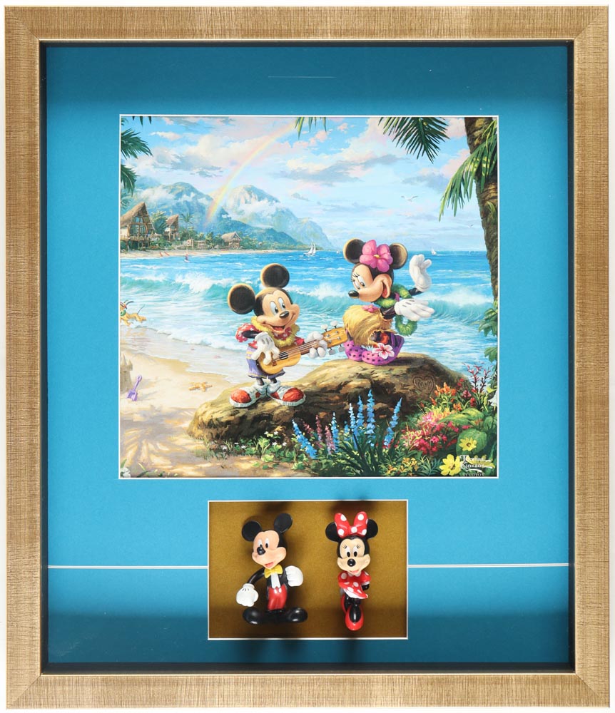 Thomas Kinkade "Mickey and Minnie in Hawaii" Custom Shadowboxed Print with (2) Character Figurines at PristineAuction.com Thomas Kinkade "Mickey and Minnie in Hawaii" Custom Shadowboxed Print with (2) Character Figurines at PristineAuction.com