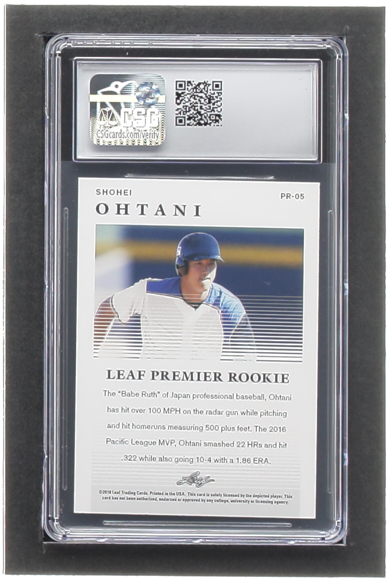 Shohei Ohtani 2018 Leaf Premier Rookies Red #PR05 RC #176/200 (CSG 10) at PristineAuction.com Shohei Ohtani 2018 Leaf Premier Rookies Red #PR05 RC #176/200 (CSG 10) at PristineAuction.com