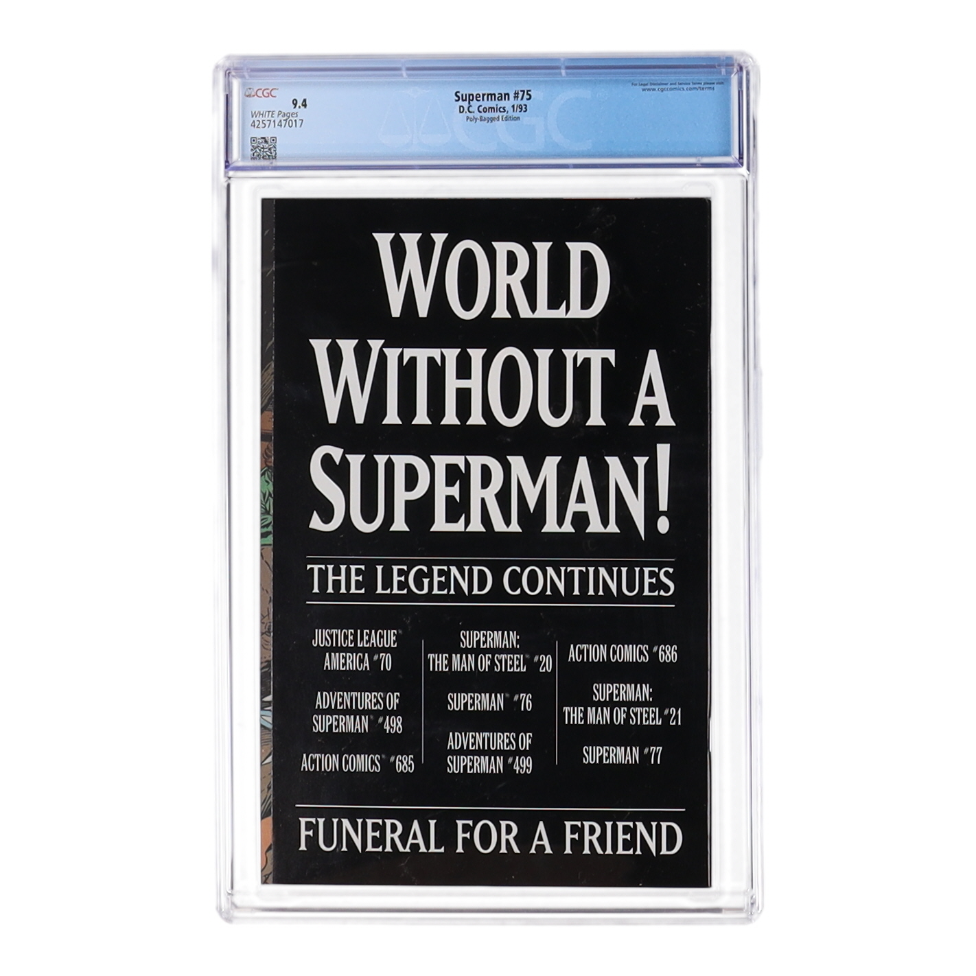 1993 "Death of Superman" Issue #75 DC Comic Book (CGC 9.4) at PristineAuction.com 1993 "Death of Superman" Issue #75 DC Comic Book (CGC 9.4) at PristineAuction.com