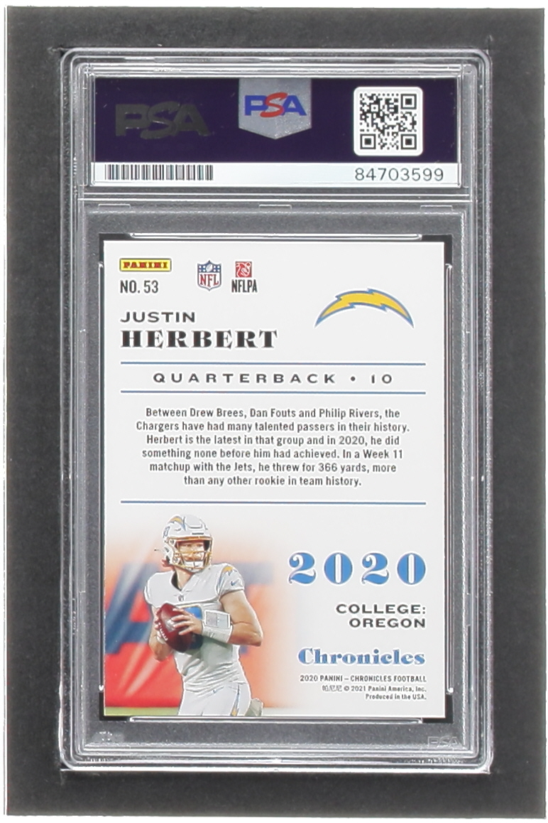 Justin Herbert Signed 2020 Panini Chronicles #53 RC (PSA | Autograph Graded PSA 10) at PristineAuction.com Justin Herbert Signed 2020 Panini Chronicles #53 RC (PSA | Autograph Graded PSA 10) at PristineAuction.com