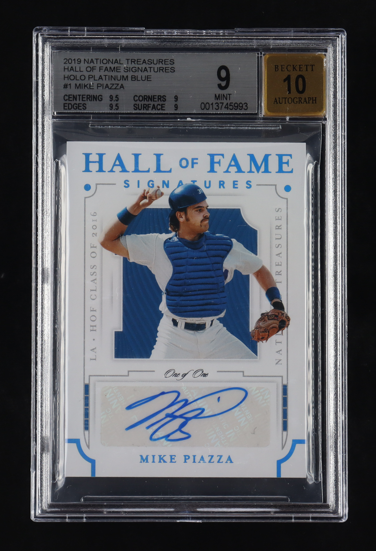 Mike Piazza 2019 Panini National Treasures Hall of Fame Signatures Holo Platinum Blue #1 #1/1 (BGS 9 | Autograph Graded 10) at PristineAuction.com Mike Piazza 2019 Panini National Treasures Hall of Fame Signatures Holo Platinum Blue #1 #1/1 (BGS 9 | Autograph Graded 10) at PristineAuction.com